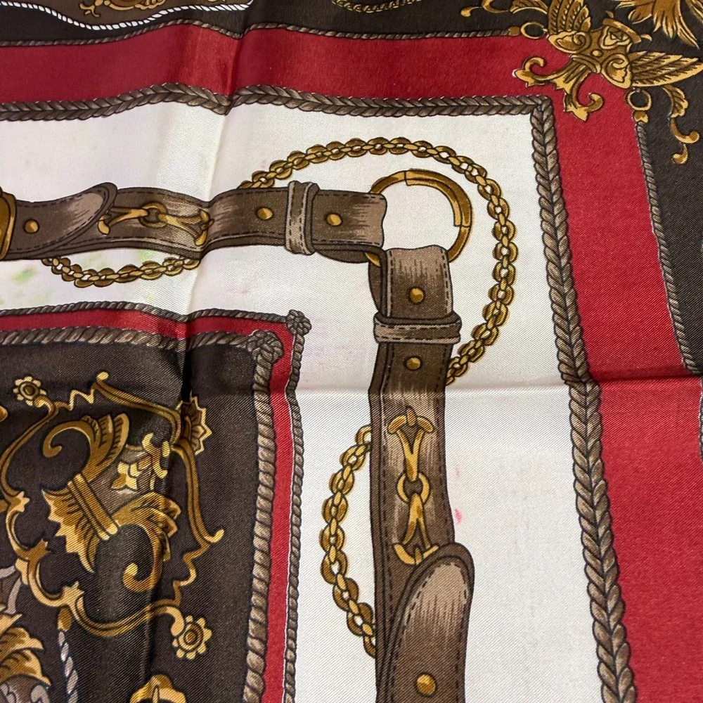 Vintage Golden Camel Silk Scarf Red Brown Equestrian Belt Print READ